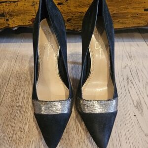 Vintage Jessica Simpson Black Suede Pointed Toe Heels with Metallic Silver Band